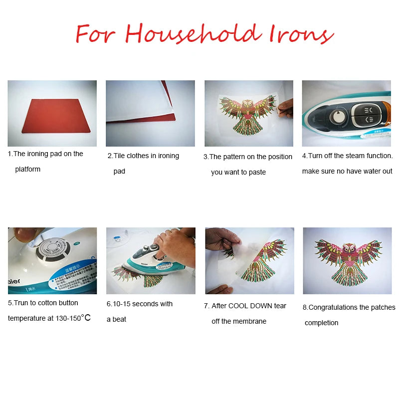 Instructions showing how to use iron-on patches on clothing with a household iron.