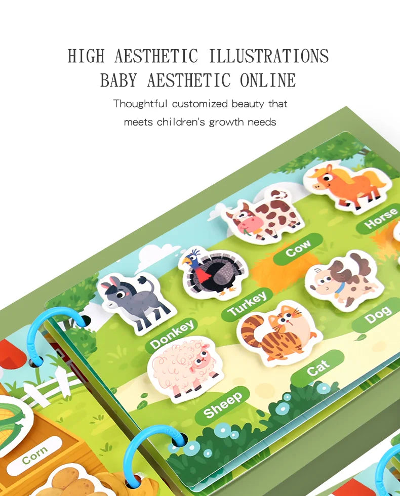 A colorful Montessori word recognition quiet book featuring illustrations of farm animals like a horse, cow, turkey, and shee