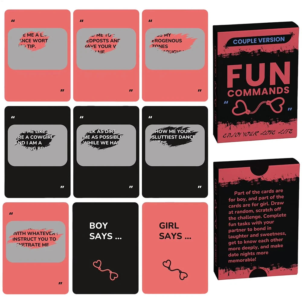 A set of ten couples scratch-off challenge cards for romantic date nights featuring various prompts and instructions