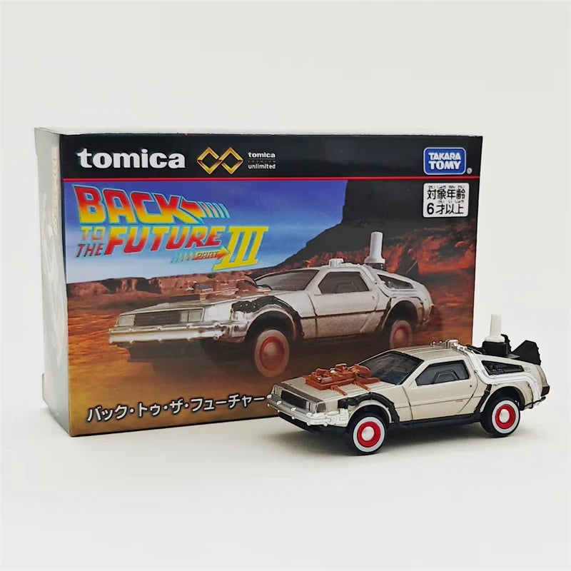 Tomica Back to Future III die-cast sports car model in its box