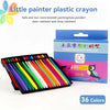 A set of 36 plastic crayons in various colors displayed in a black tray next to their packaging box.
