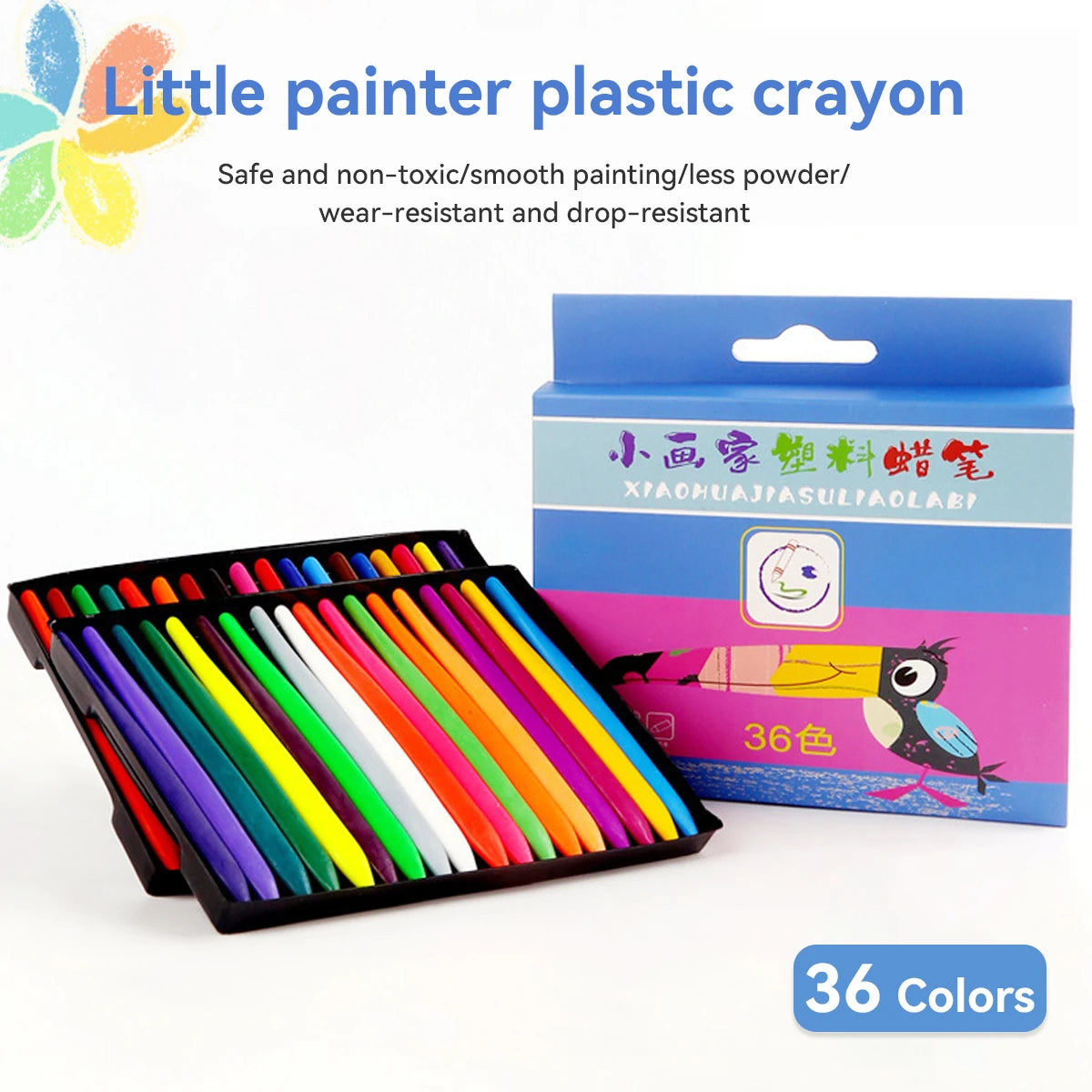 A set of 36 plastic crayons in various colors displayed in a black tray next to their packaging box.