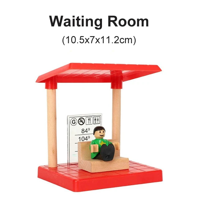 A red waiting room structure made of wood and plastic pieces for a wooden train track set.