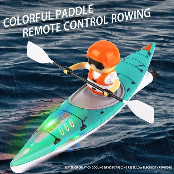 An orange-helmeted person controls a colorful paddle remote control boat on the water.