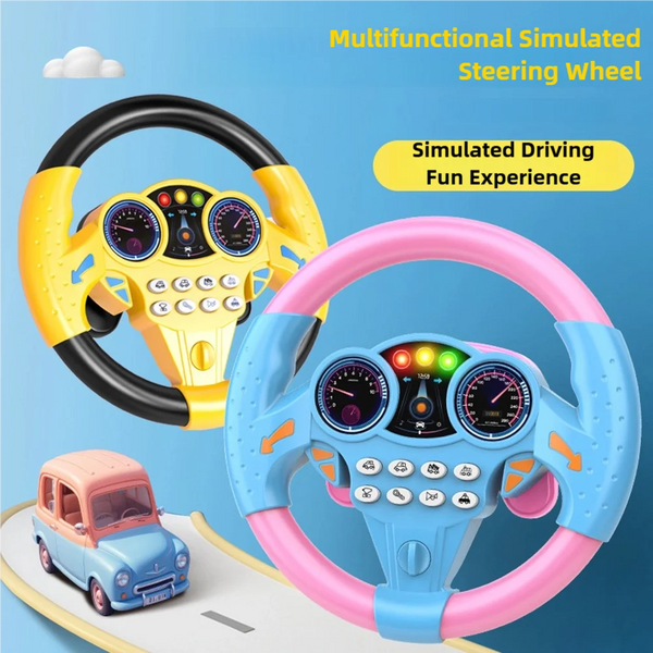 A pink and blue simulated steering wheel is shown with a small toy car in a driving context.
