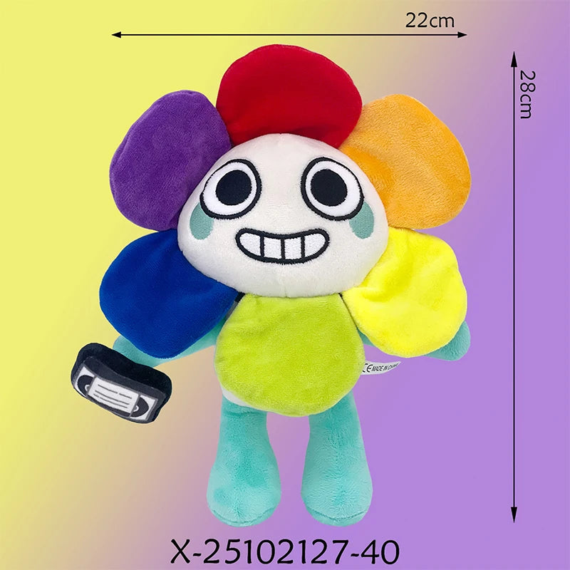 A colorful, round animated stuffed pet featuring purple, red, orange, and yellow elements.