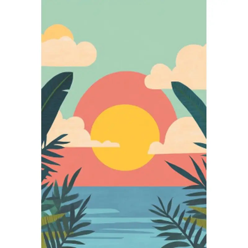 A painting featuring a sunset over water with clouds and tropical leaves in shades of orange, yellow, and teal.