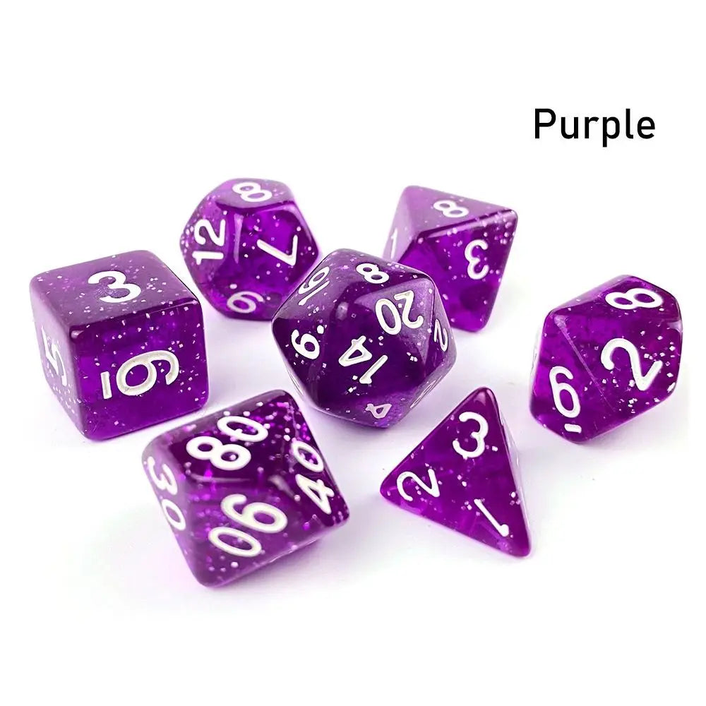 A set of seven purple polyhedral acrylic dice showing various numbers and symbols.