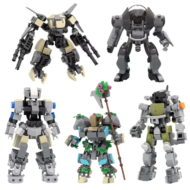 A collection of various combat robot exoskeletons built from gray, black, and tan building blocks.