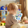 A baby is holding an interactive remote control toy with lights and music on a colorful floor.