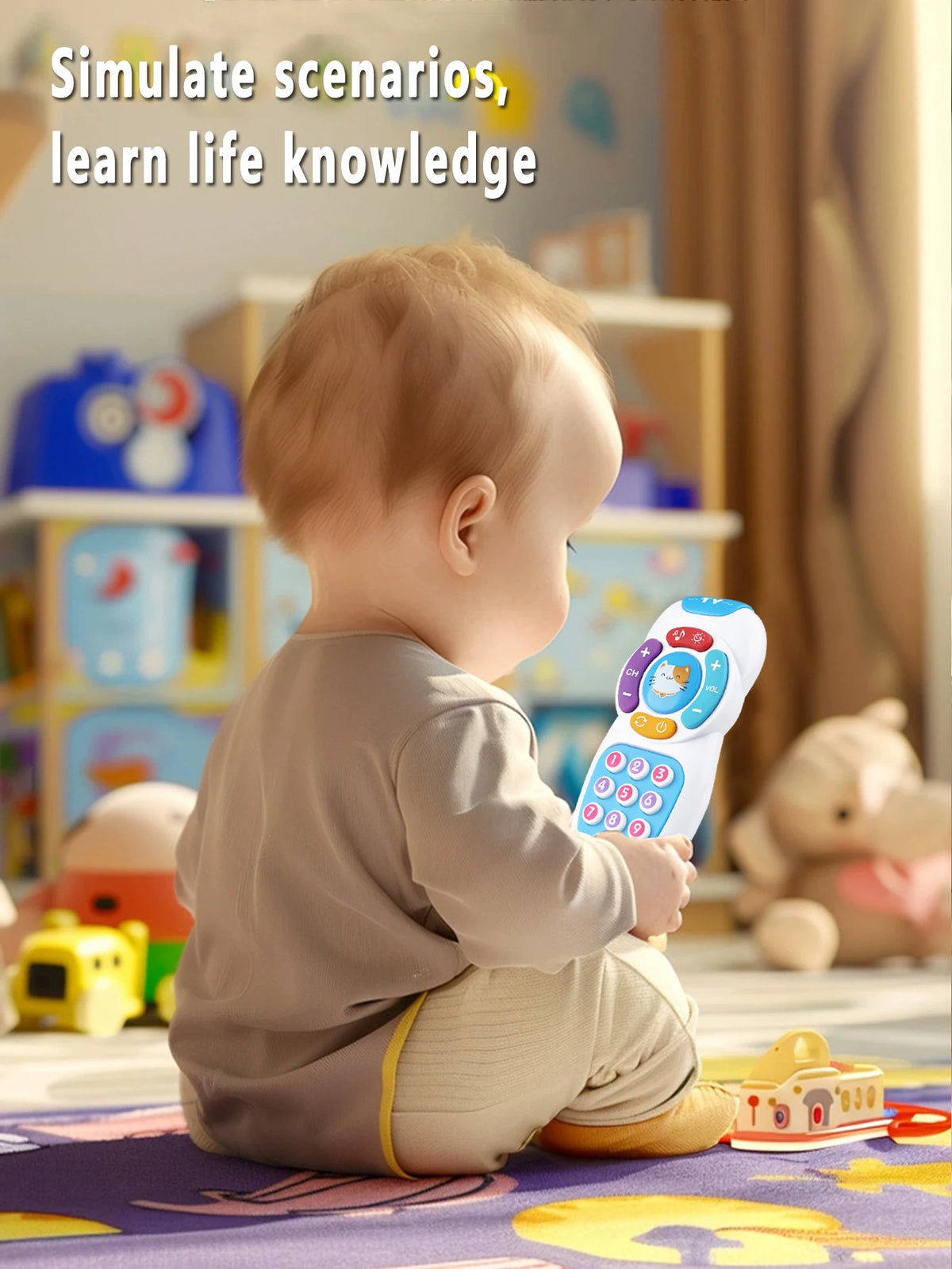 A baby is holding an interactive remote control toy with lights and music on a colorful floor.