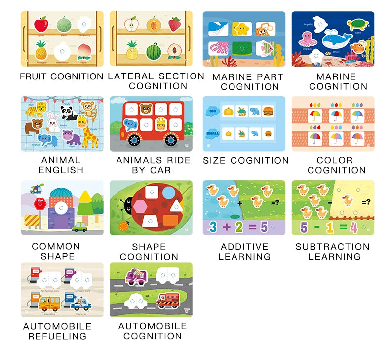 A collection of cognitive learning activities for toddlers including fruit cognition, animal english, size cognition, color c