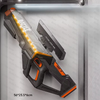 A black and orange futuristic laser gun with a battle theme is displayed in a vertical box.