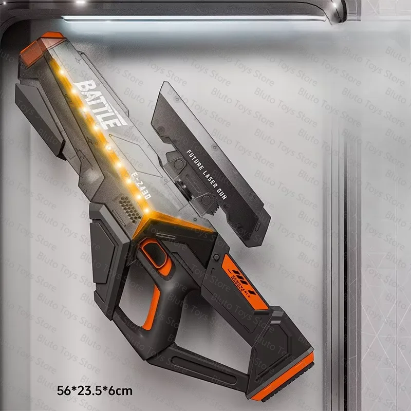A black and orange futuristic laser gun with a battle theme is displayed in a vertical box.