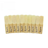 A pack of ten natural wood clarinet reeds in various thicknesses.