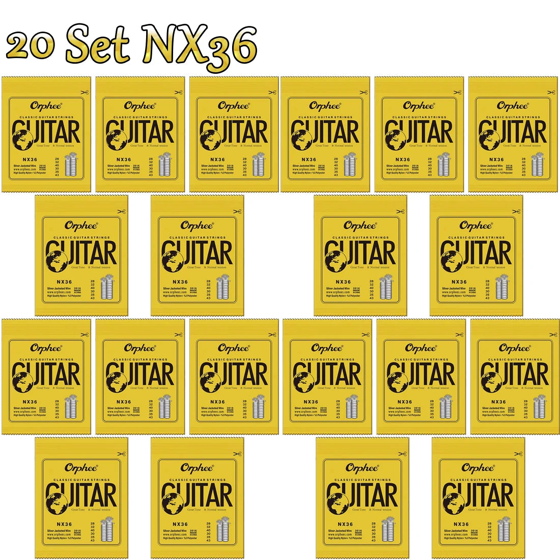 A set of six silver-plated nylon classical guitar strings packaged in yellow boxes labeled JITAR