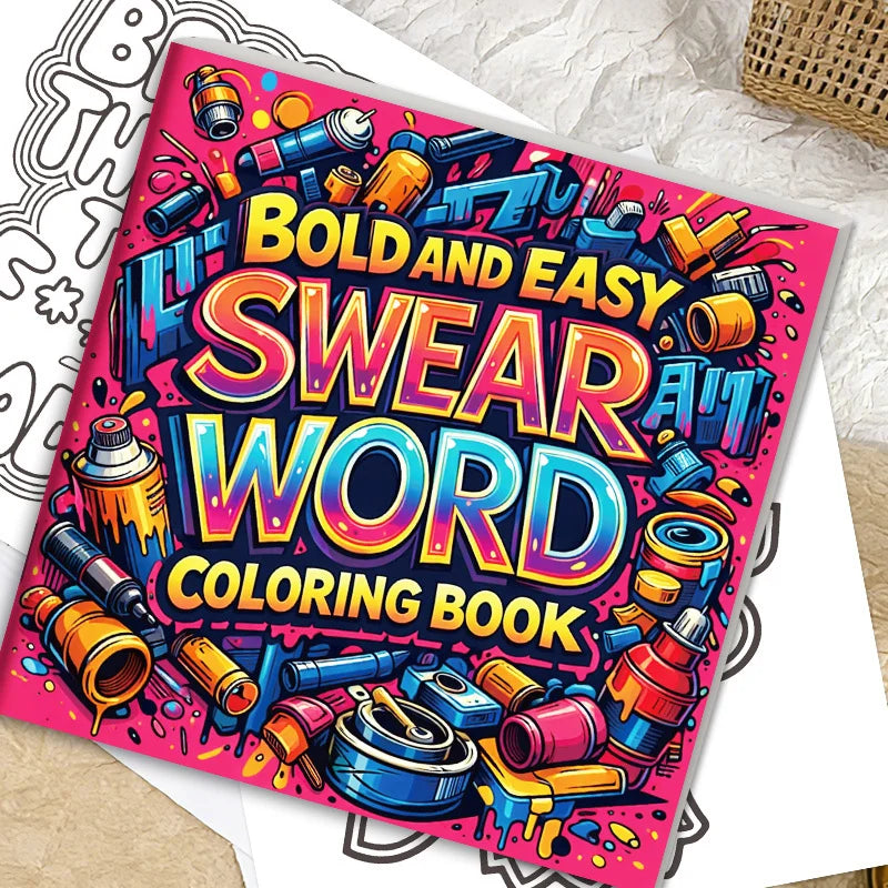 A colorful coloring book featuring bold and easy swear word patterns for stress relief
