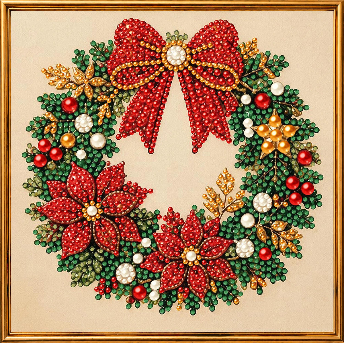 A festive Christmas wreath made of green foliage, red berries, gold accents, and a large red bow with white pearl embellishme