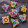 A set of ten iridescent, geometric dice made of metal alloy with numbers and symbols for tabletop role-playing games