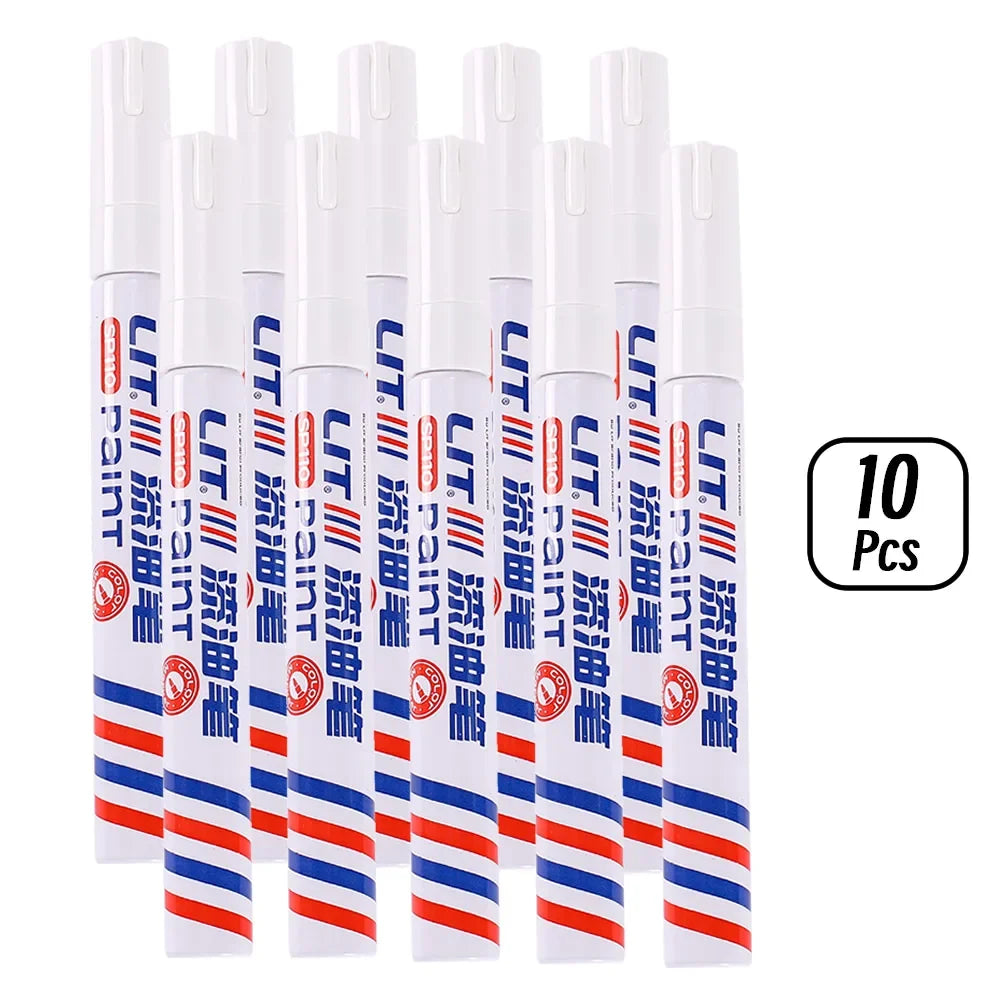 A set of ten permanent paint markers in white and red, packaged for rubber, fabric, and metal painting.