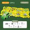 A yellow puzzle depicting a scenic route with various landmarks and a green electric train car.
