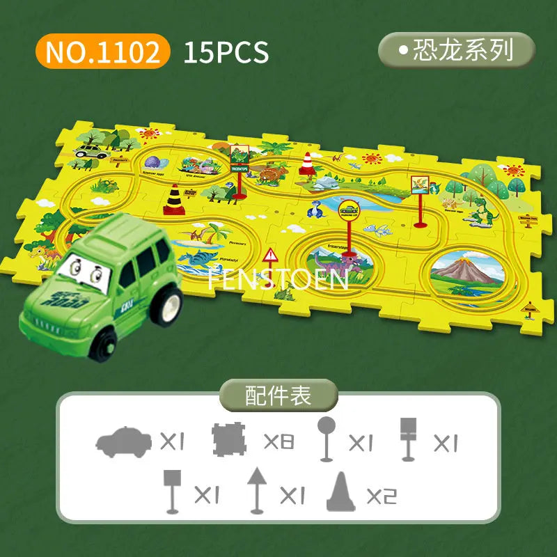 A yellow puzzle depicting a scenic route with various landmarks and a green electric train car.