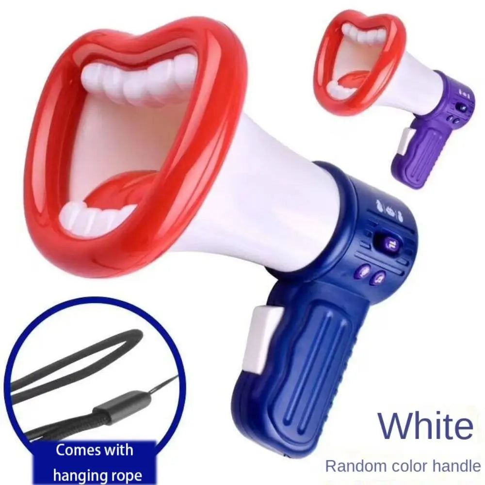 White megaphone toy with red handle and hanging rope accessory