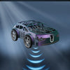A purple and green RC car drone is shown hovering above a circular platform with blue light beams.
