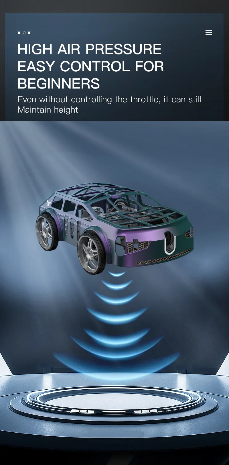 A purple and green RC car drone is shown hovering above a circular platform with blue light beams.