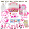 A colorful kids doctor play set with various medical tools including a stethoscope, syringes, and various instruments.