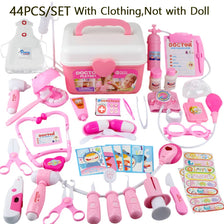 A colorful kids doctor play set with various medical tools including a stethoscope, syringes, and various instruments.