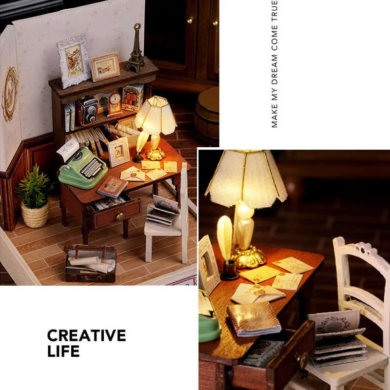 DIY Miniature Wooden Dollhouse Kit with LED Lighting