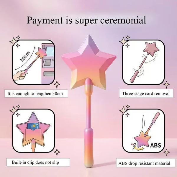 A pink star-shaped tap-to-pay credit card holder with a long stylus for payment.