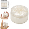 A clear glass jar of white slime putty with glitter is shown next to hands and a measurement guide.
