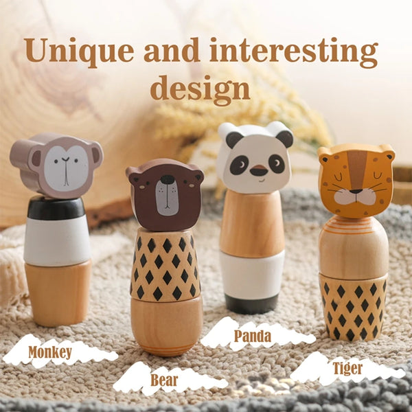A set of wooden animal puzzle toys featuring a monkey, bear, panda, and tiger.