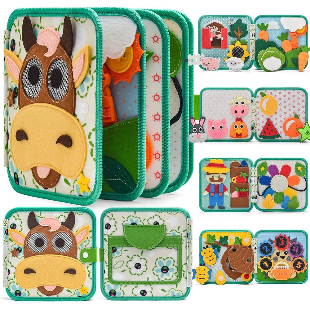 A set of Montessori felt busy books for toddlers featuring various animals and learning activities in green and natural color