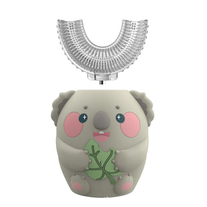 A gray elephant-shaped silicone toothbrush with a U-shaped brush head and a timer visible against a white background.