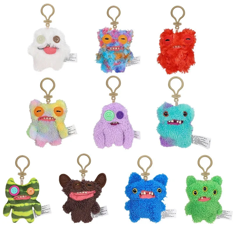 A collection of colorful plush monster keychains featuring rabbit, bear, and other quirky animal designs.