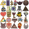 A collection of various enamel pins and brooches featuring characters and symbols from popular media.