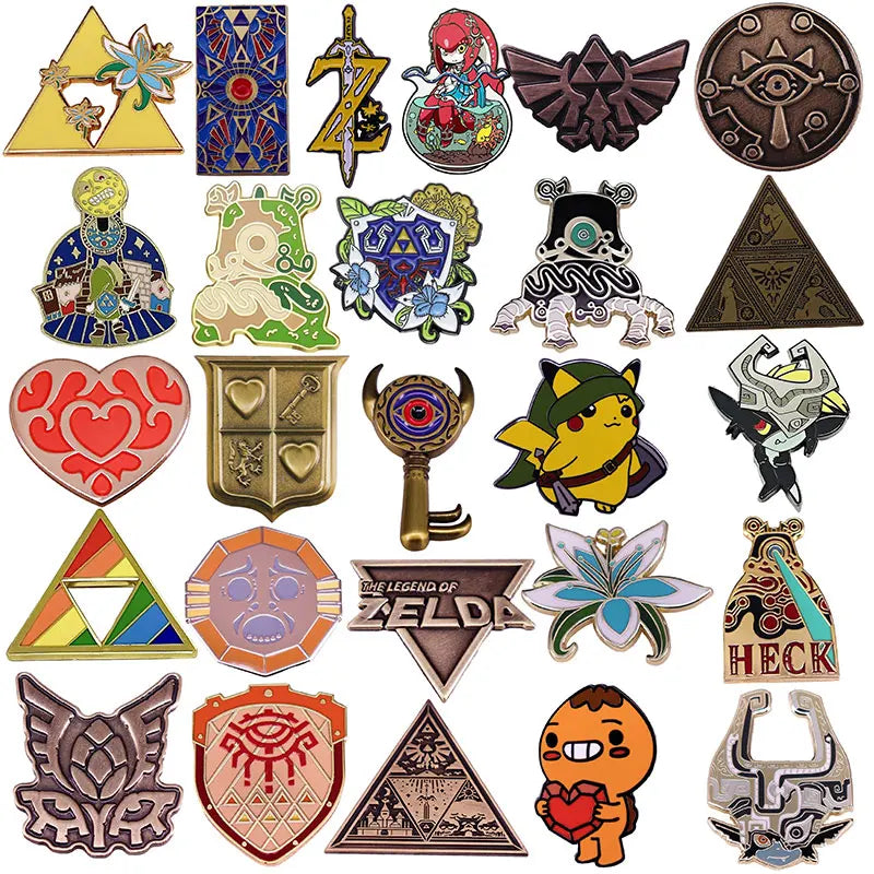 A collection of various enamel pins and brooches featuring characters and symbols from popular media.