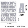 A grid showing various letters, numbers, and symbols used for DIY iron-on heat transfer patches with labeled dimensions.