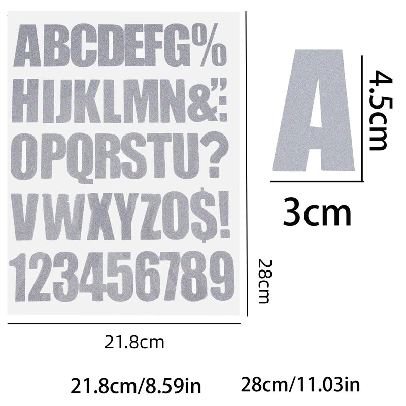 A grid showing various letters, numbers, and symbols used for DIY iron-on heat transfer patches with labeled dimensions.