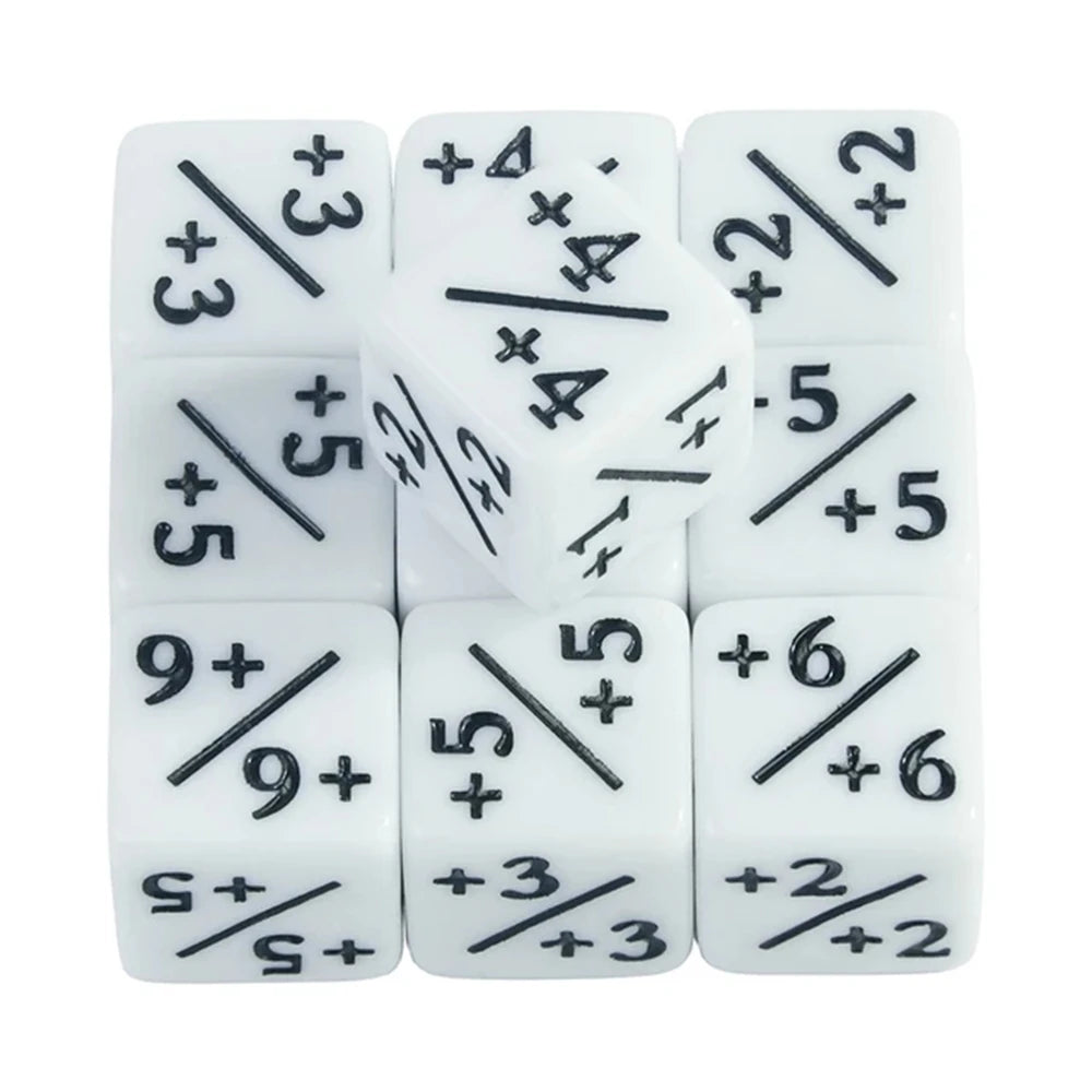 A set of ten white acrylic D6 counter dice showing various combinations of plus and minus signs.