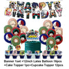 Banner set and toppers for a hero-themed birthday party decoration including latex balloons and cake toppers