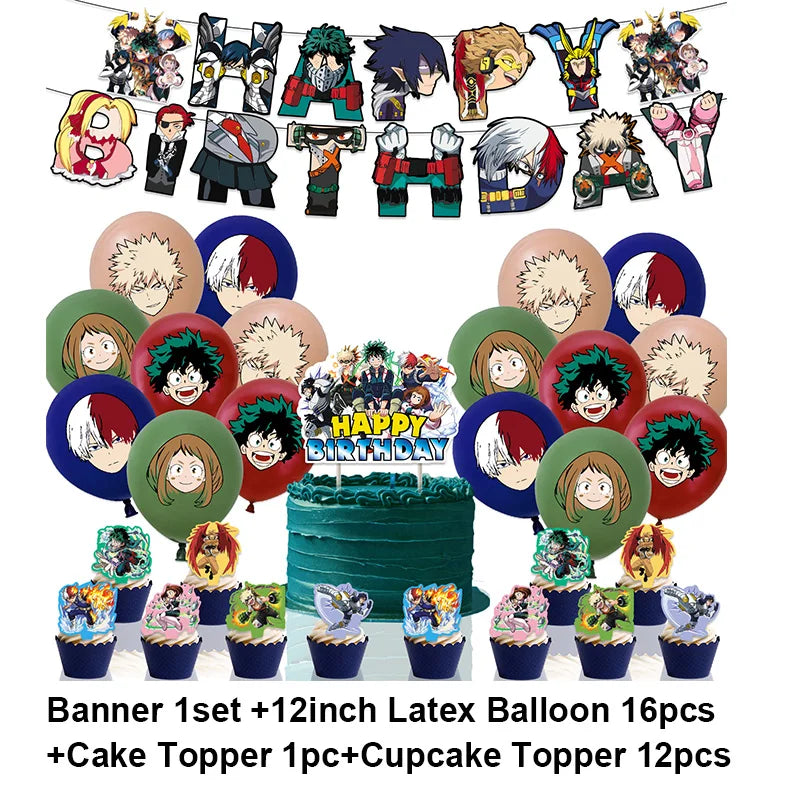 Banner set and toppers for a hero-themed birthday party decoration including latex balloons and cake toppers