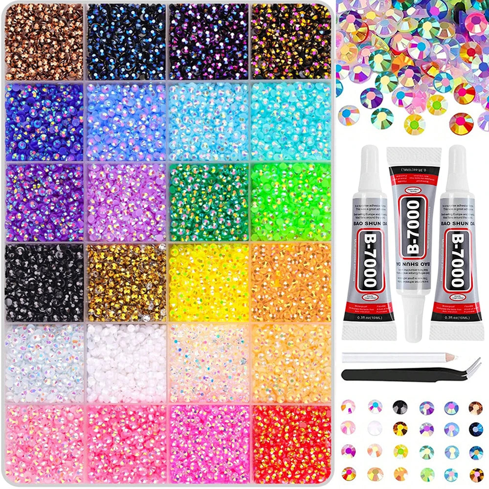 A collection of various colored and glittery rhinestones and craft embellishments for DIY projects.