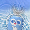 A light blue U-shaped electric toothbrush with a panda design is shown submerged in water, labeled as IPX7 waterproof.