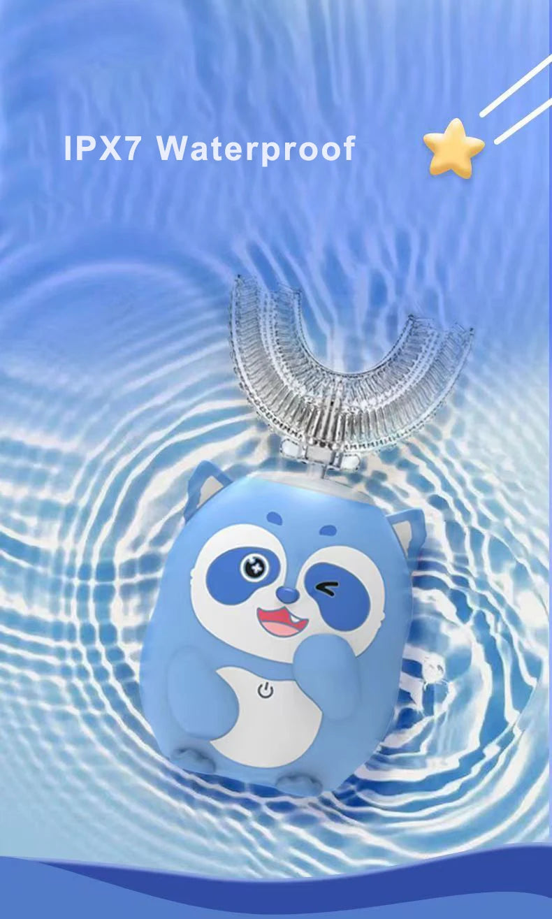 A light blue U-shaped electric toothbrush with a panda design is shown submerged in water, labeled as IPX7 waterproof.