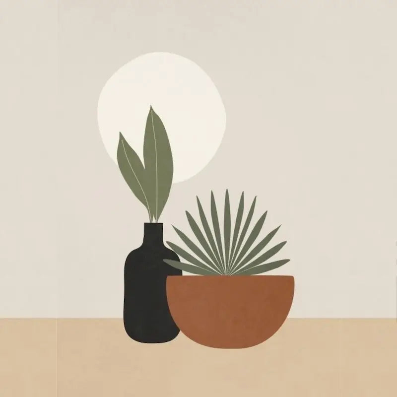 A potted succulent plant with large green leaves sits in a dark vase on a light background.