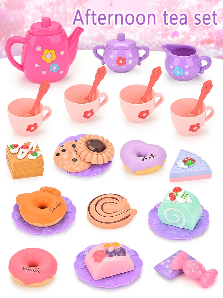A pink and purple pretend play tea set featuring teapot, cups, and donuts for children.